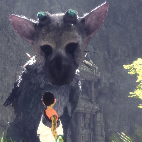  a tiny child looks up at a big grey creature that looks like a grey cat, bird-like, pinkish ears, broken blue horns, and black marks below its eyes like a clown