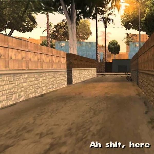 a grand theft auto screencap of a guy with a tank top walking down a path on his own saying ah shit here we go again