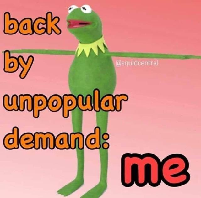 Meme with a picture of Kermit the Frog and &ldquo;back by unpopular demand: me&rdquo; in word art 
